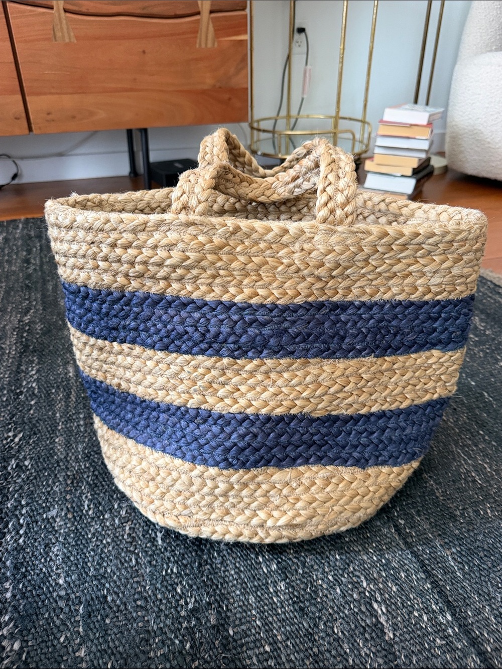 Striped Braided Jute Tote Basket in Natural and Blue